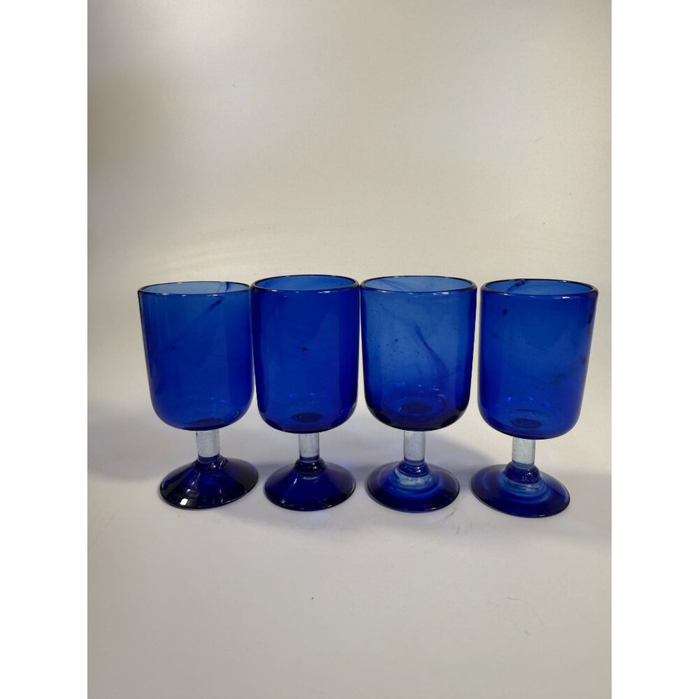 Hand Blown Cobalt Blue Wine Glasses | Set 4 Stemmed Glassware Collectible Barwar - Picture 3 of 16